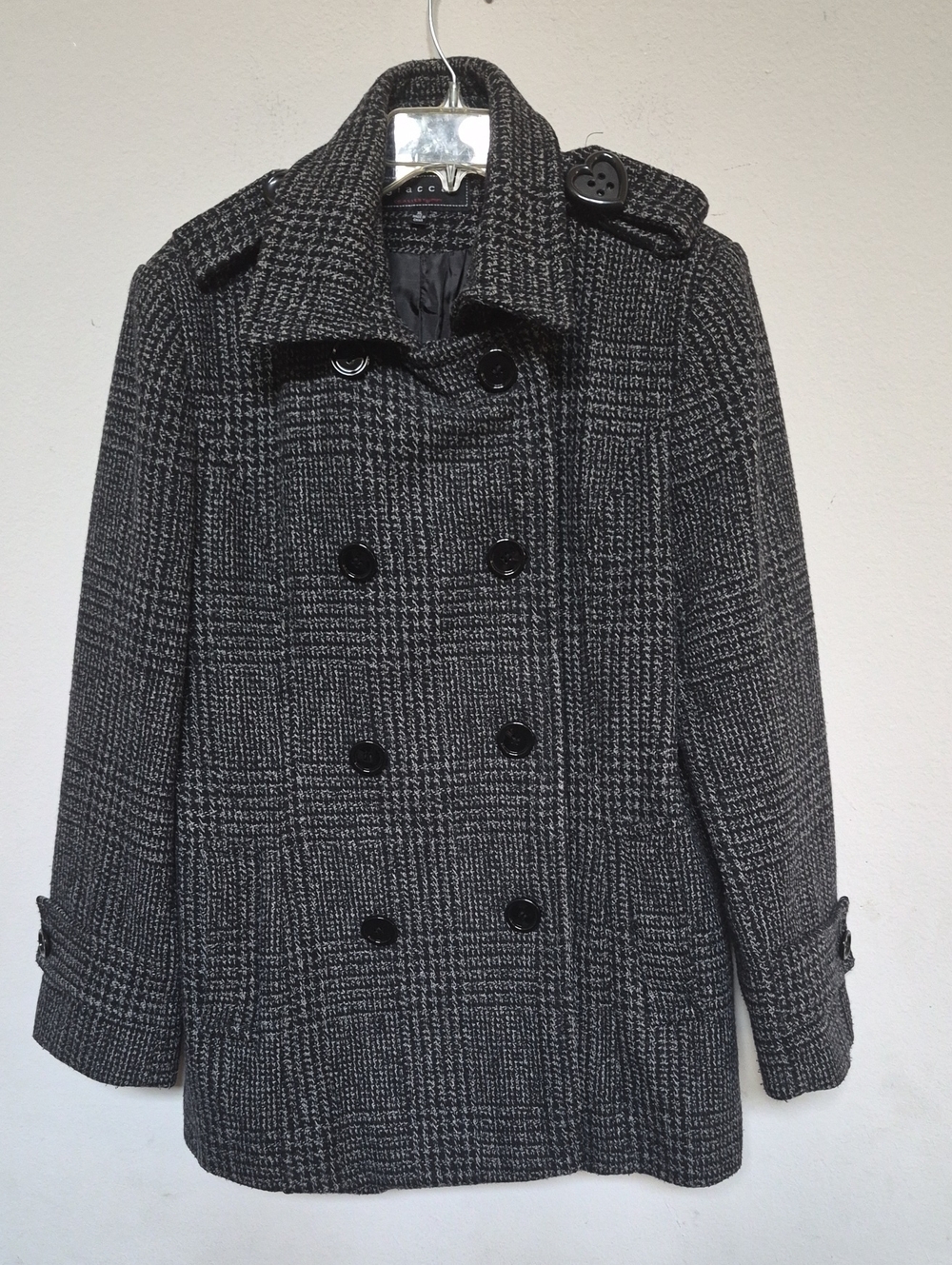 giacca Women's Black & White Wool Blend Pea Coat Gray XL NWNT